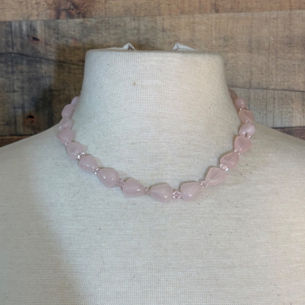 Rose Quartz Triangular Beaded Necklace Pink Crystal Spacers 17 Inch